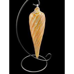 Vintage Hand Blown Glass Amber Swirled Ribbed Drop Ornament
